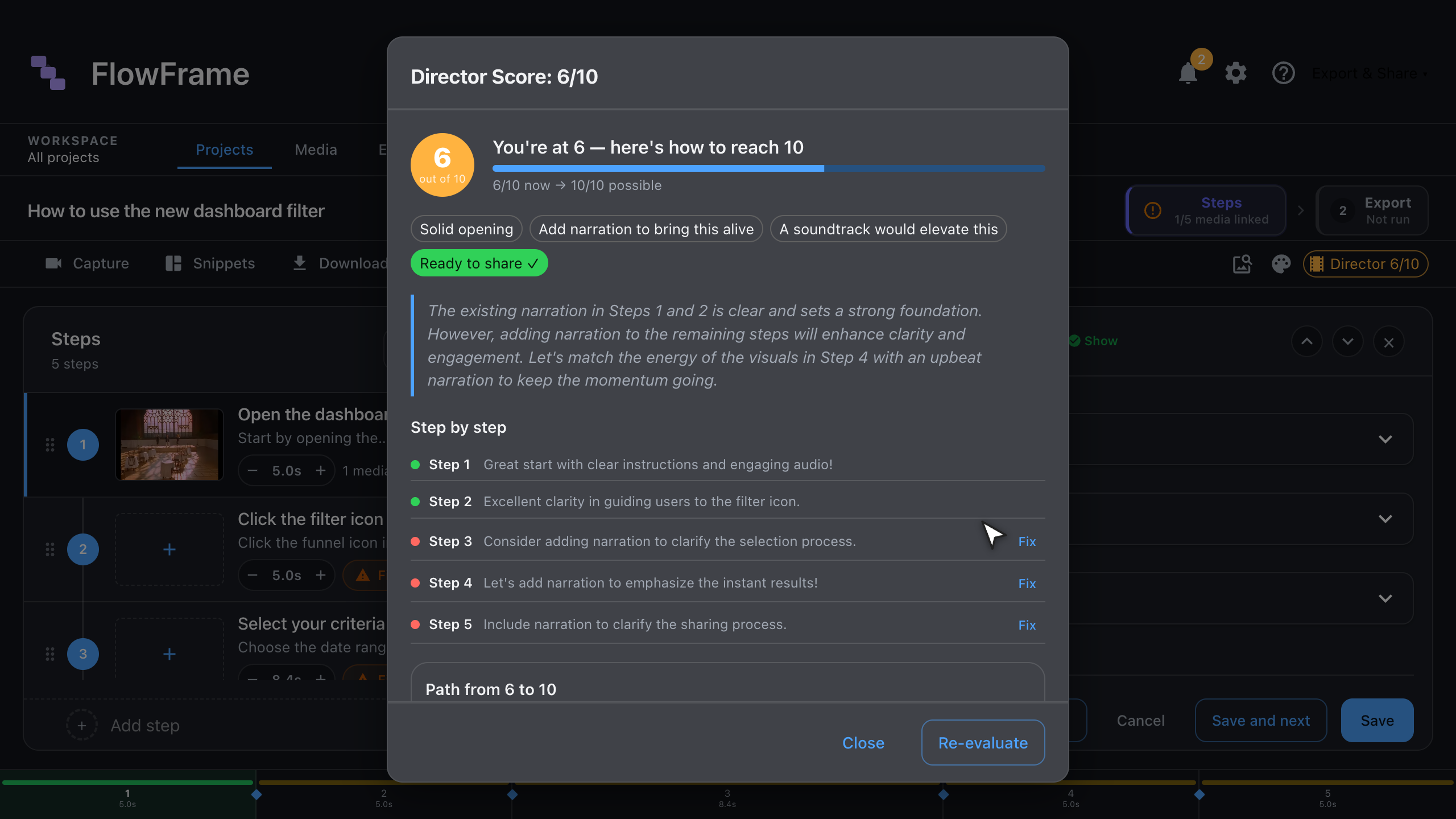 FlowFrame Director scoring dialog showing a 6/10 score with step-by-step improvement suggestions