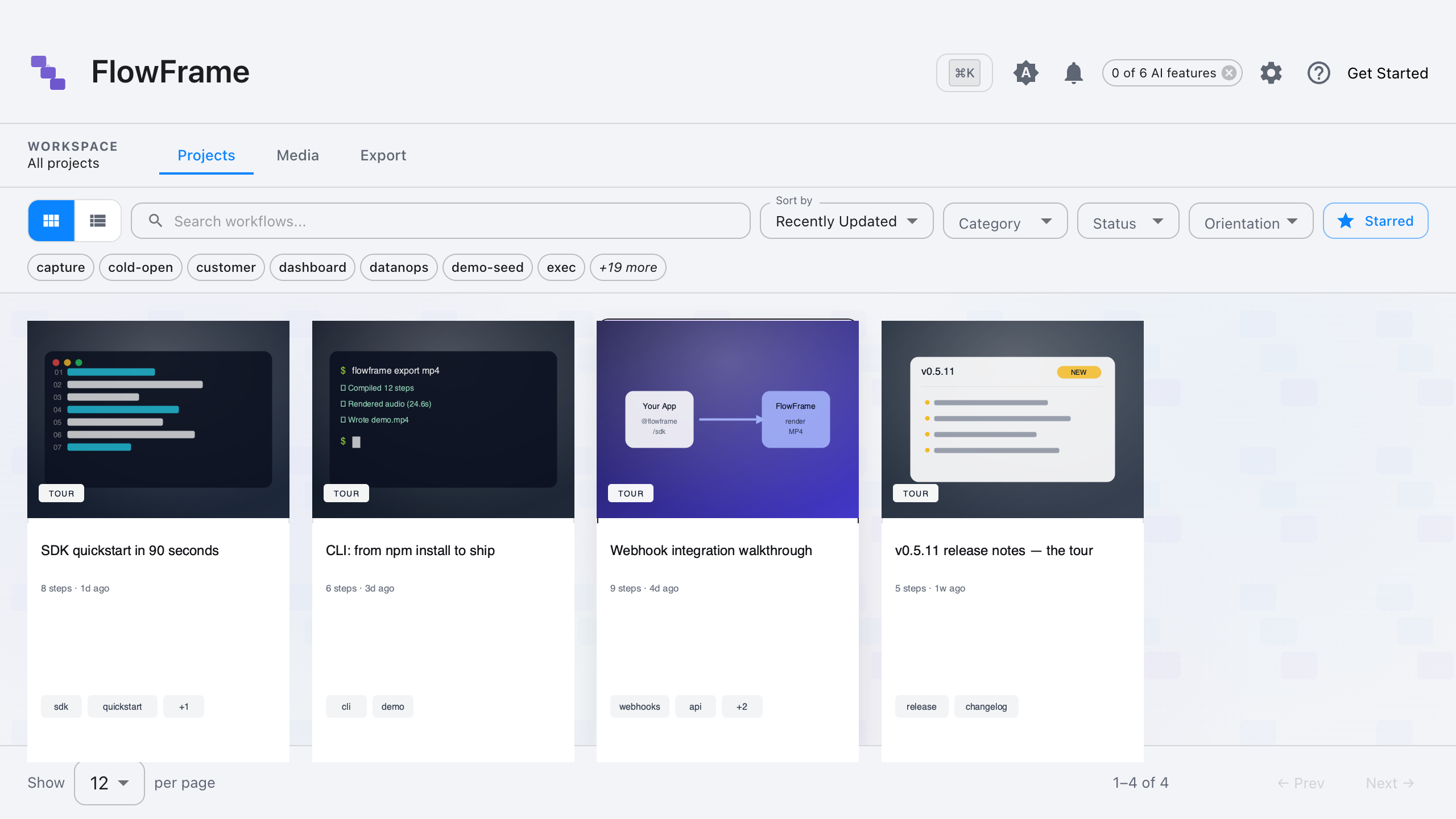 FlowFrame project gallery showing developer workflows: SDK quickstart, CLI demo, webhook integration walkthrough, v0.5.11 release notes tour