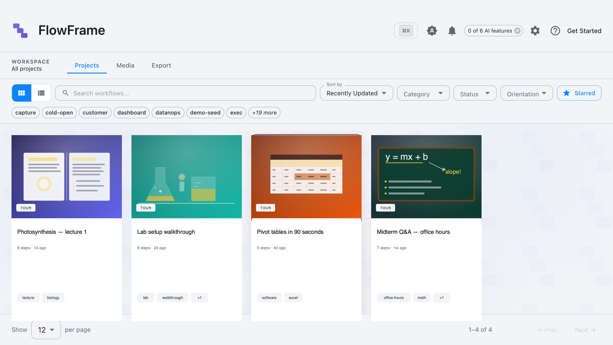 FlowFrame project gallery showing educator workflows: Photosynthesis lecture, lab setup walkthrough, pivot tables tutorial, midterm Q&A office hours
