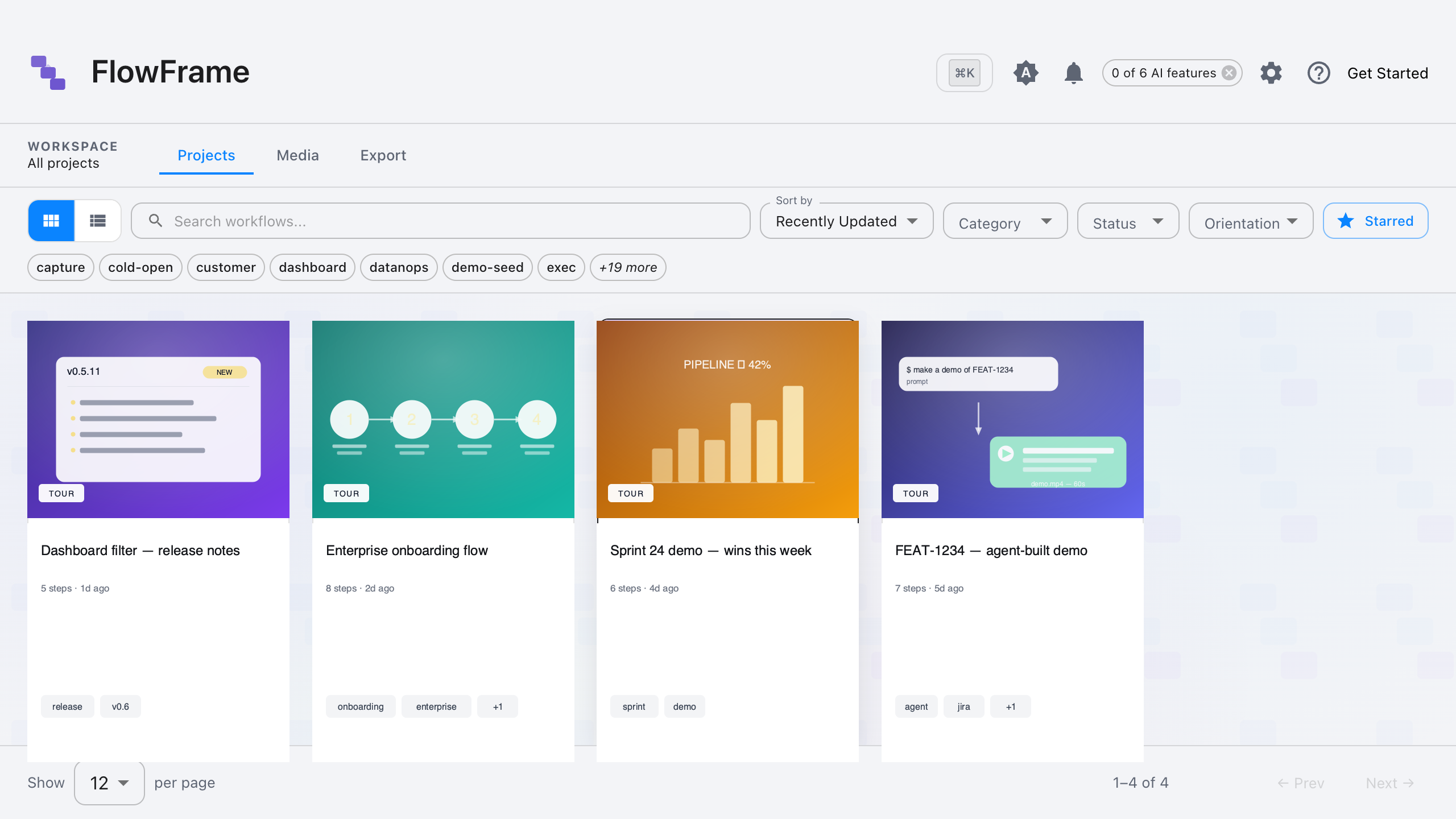 FlowFrame project gallery showing product team workflows: release notes, enterprise onboarding flow, sprint demo, agent-built demo from a Jira ticket
