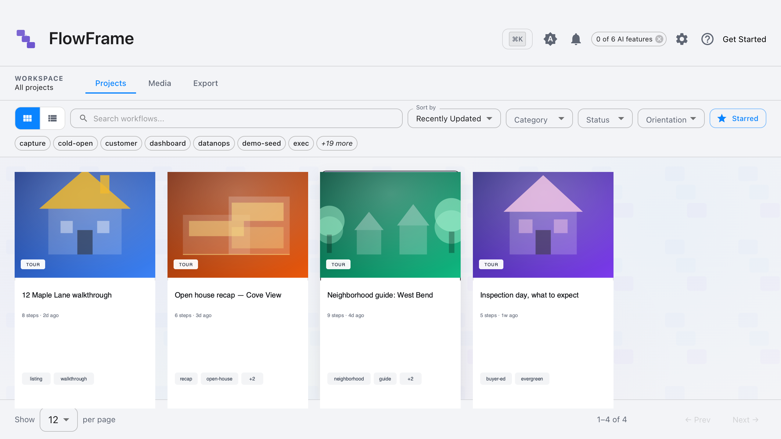 FlowFrame project gallery showing real-estate workflows: 12 Maple Lane walkthrough, Open house recap, Neighborhood guide, Inspection day explainer