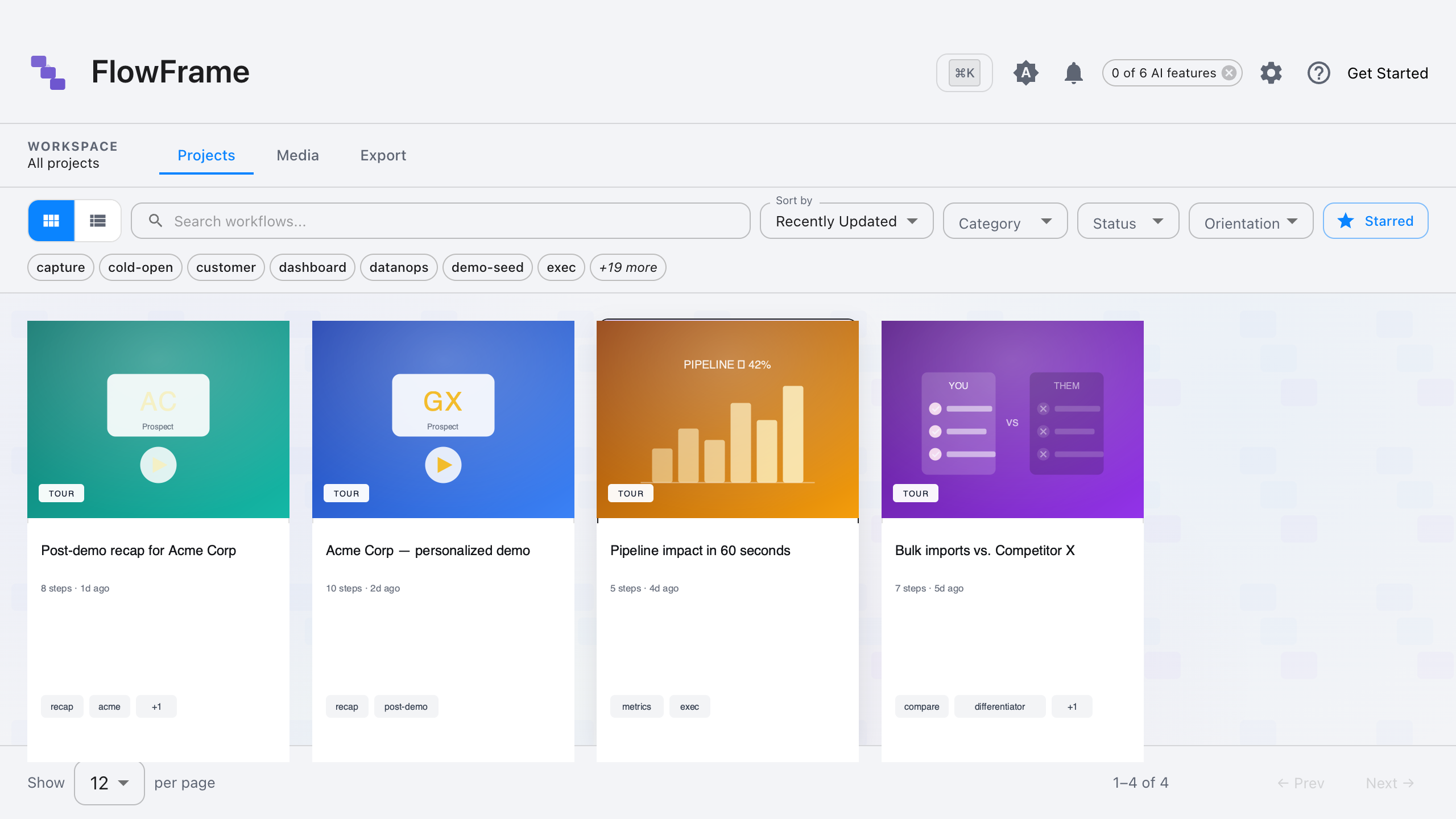 FlowFrame project gallery showing sales workflows: post-demo recap for Acme Corp, personalized demo, pipeline impact reel, competitor comparison