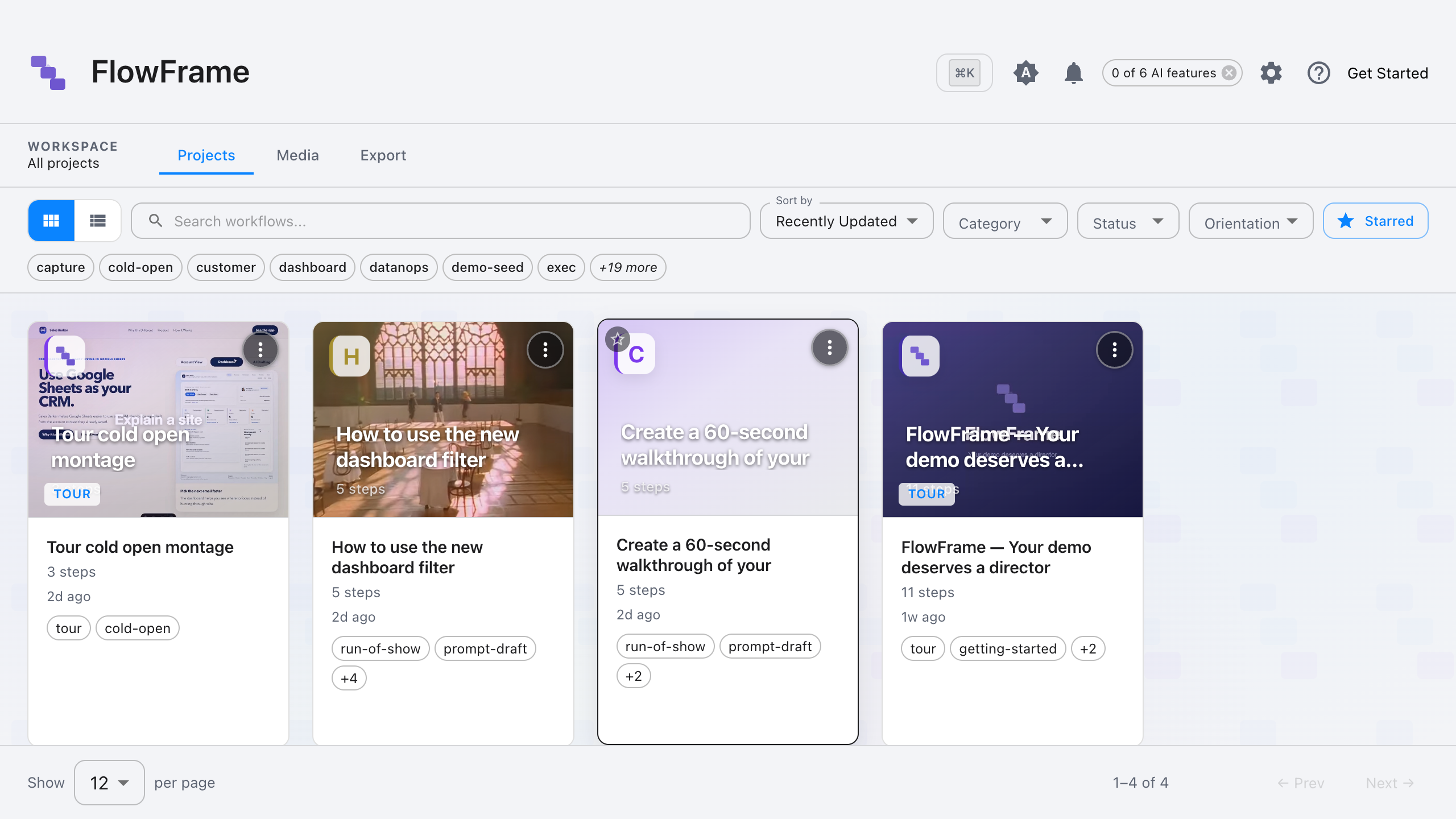 FlowFrame project gallery showing video projects as cards