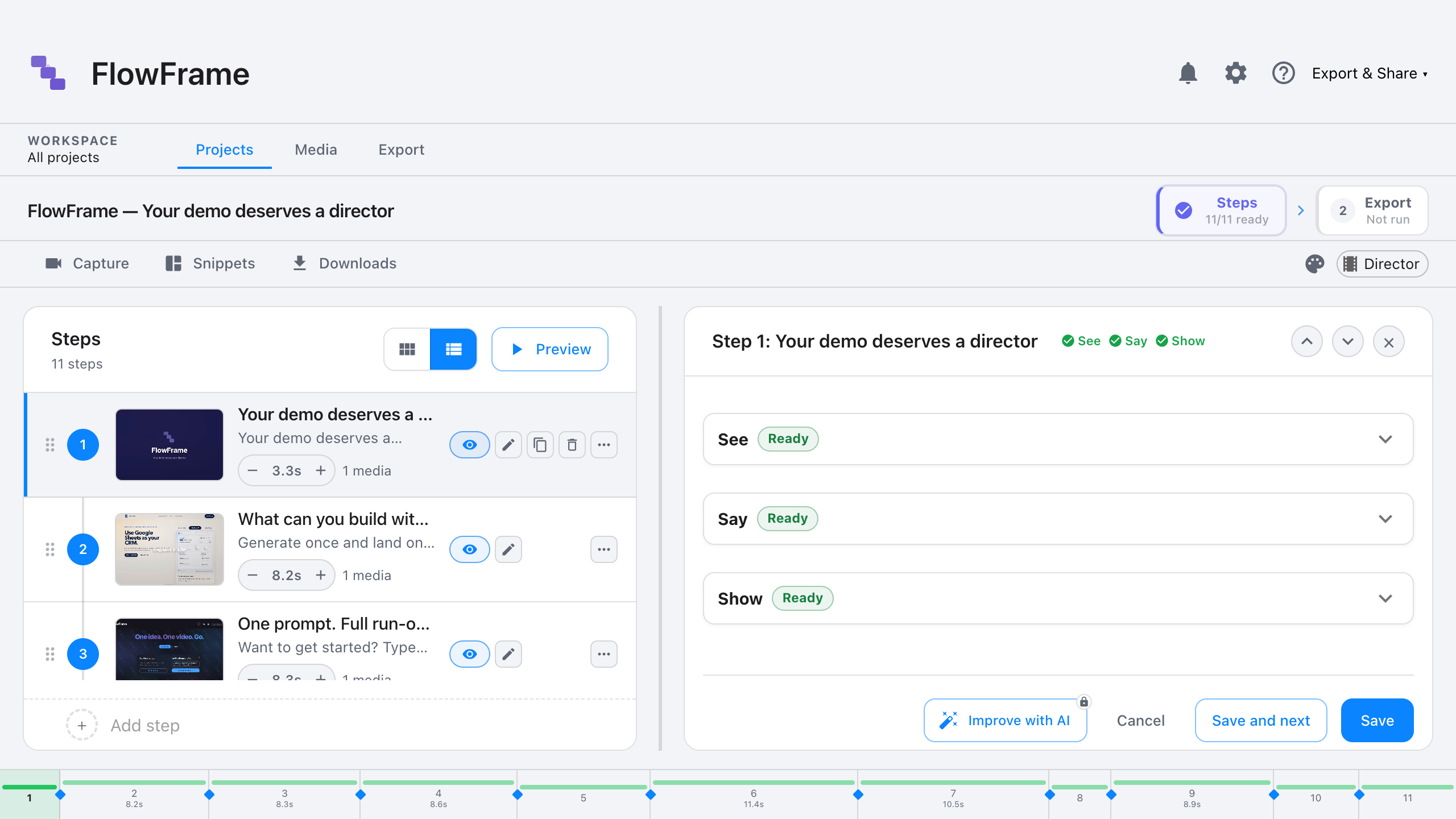 FlowFrame step editor with See, Say, Show panels and timeline
